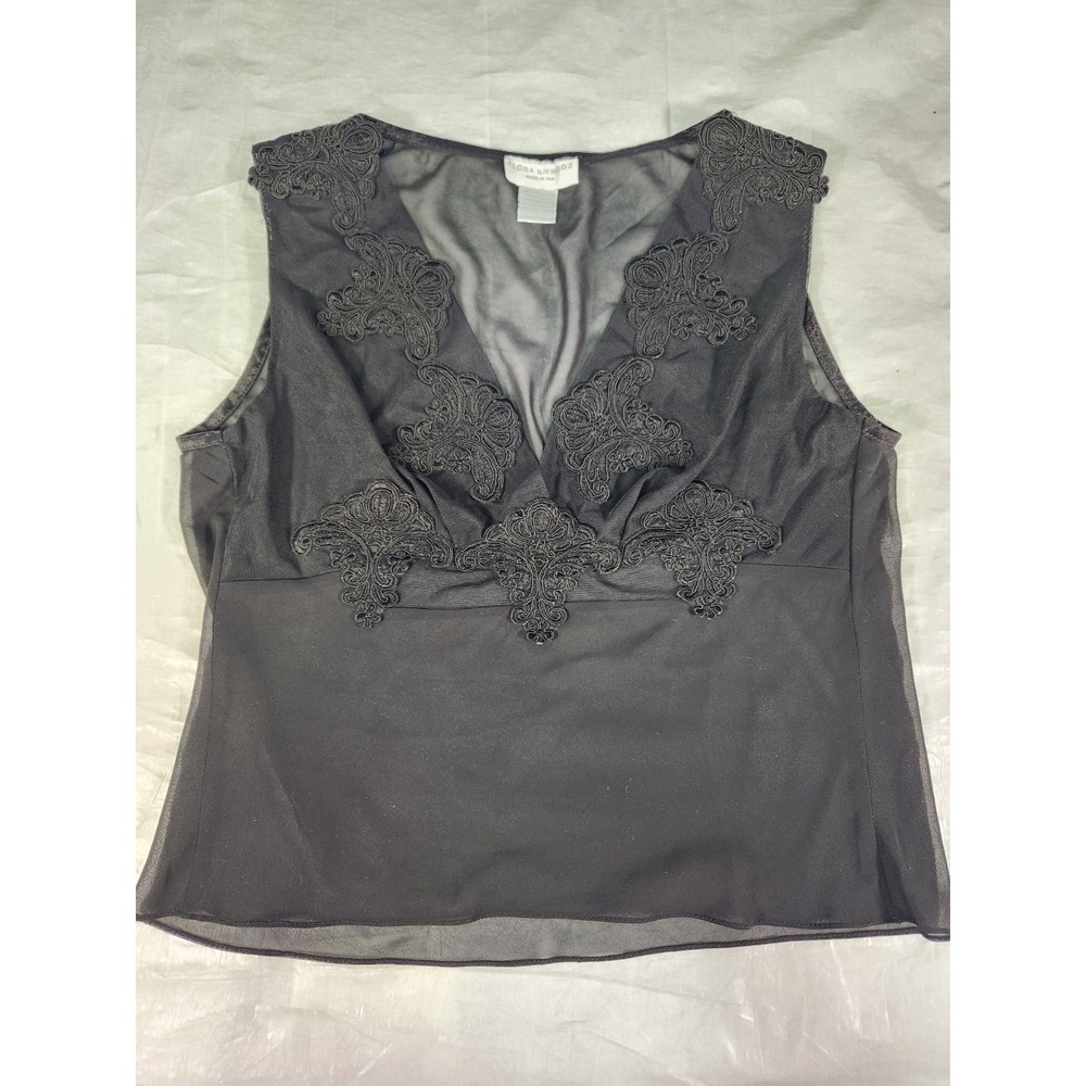 FLORA NIKROOZ Tank Sheer BLACK Lingerie LACE L Embroidered Pajama Top Shirt